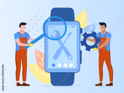 Technician with magnifier repairing smartwatch with wrench and screwdriver. Smartwatch repair abstrsct concept. Cartoon flat vector illustration with fictional characters