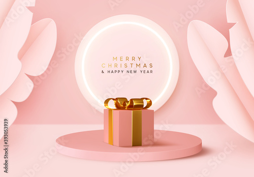 Platform and 3d studio, presentation podium. Background realistic festive gifts box. Xmas present. Pink boxes on round stand. Holiday gift surprise. Merry Christmas and Happy New Year. Mock up Stage