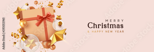 Merry Christmas and Happy New Year. Background with realistic festive gift box. Xmas present. Gold star, Golden Christmas baubles, glass round balls, glitter 3d confetti. headers for website