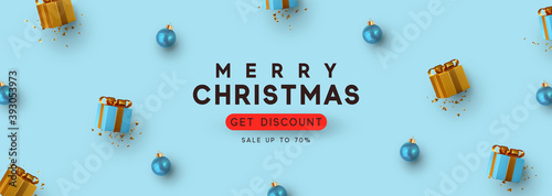 Christmas and New Year holiday. Blue Background with realistic gift box, bauble decor balls. Greeting card, banner, horizontal poster, website for header. Xmas decorative. Get discount, Sale up to 70%