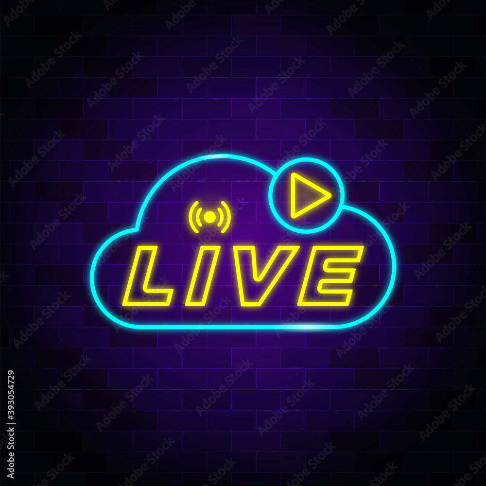 Live neon text sign design with a play button. Live neon text sign design with a play button.