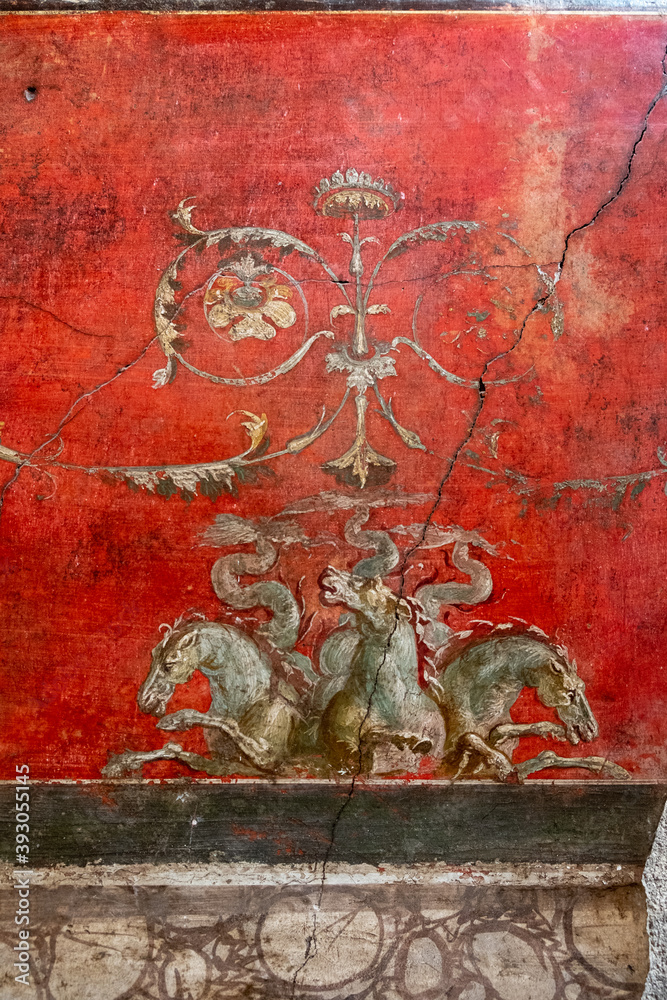 Ancient fresco in a house in Pompeii, Pompeii destroyed by the eruption