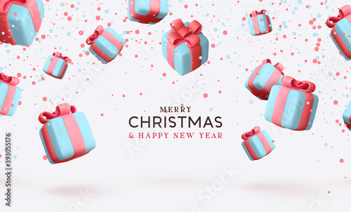 Merry Christmas and Happy New Year. Background with realistic festive gifts box. Xmas present. Blue boxes fall effect. Holiday gift surprise banner, web poster, flyer, stylish brochure, greeting card