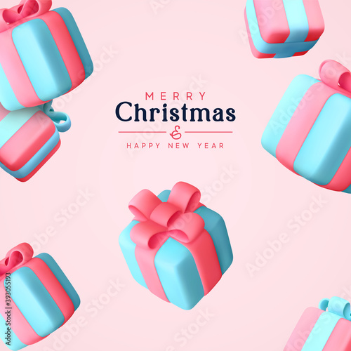 Merry Christmas and Happy New Year. Background with realistic festive gifts box. Xmas present. Blue boxes fall effect. Holiday gift surprise banner, web poster, flyer, stylish brochure, greeting card