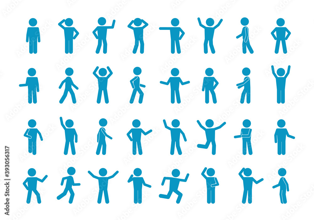 Stick Man Gestures And Movement Set. Simple Poses And Active Actions  Abstract People Running And Slow Walking Pose Of Amazement Despair With  Hands Near Head Raised Hand Greeting. Vector Silhouette. Royalty Free
