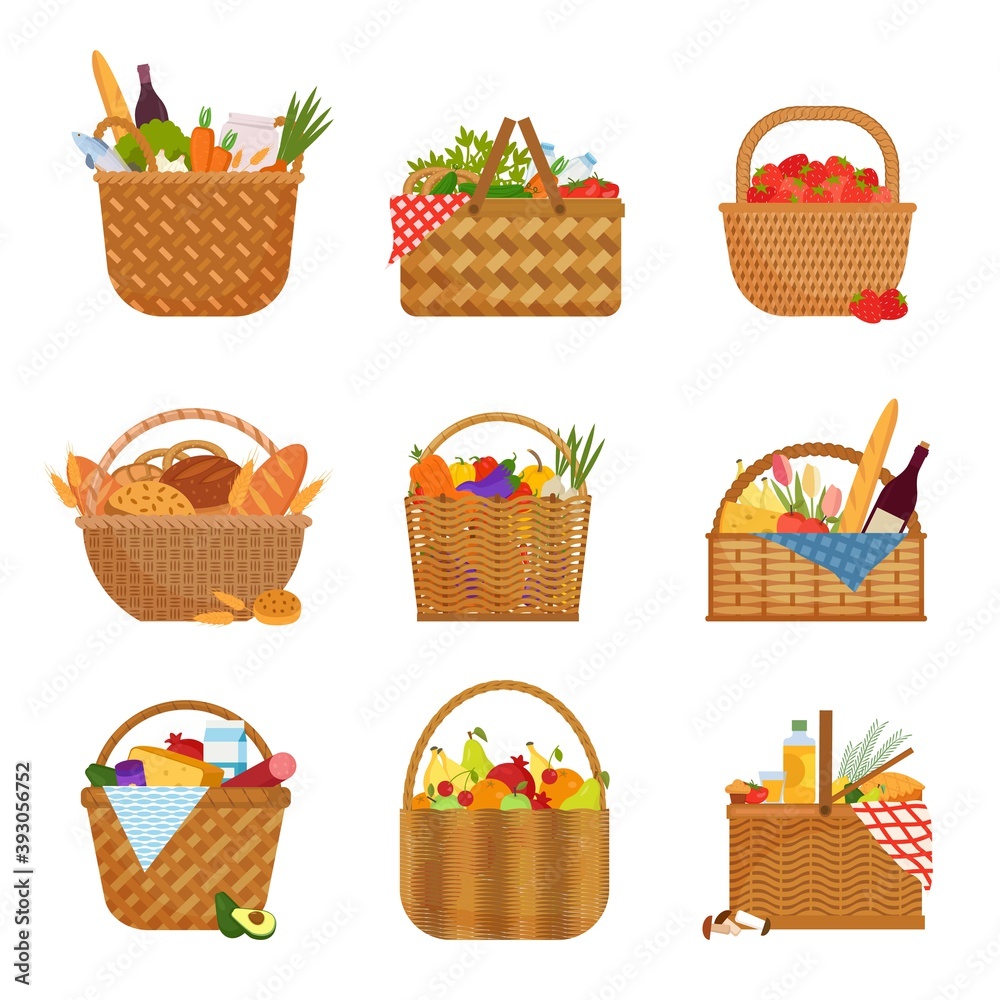 Wicker baskets with groceries set. Straw containers filled with fruits and vegetables purchases from store rye freshly baked bread bottle of wine ethnic tracery and everything for picnic. Vector art.