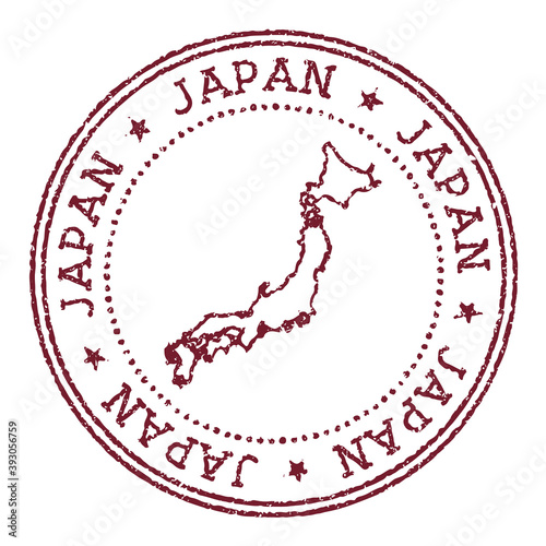 Japan round rubber stamp with country map. Vintage red passport stamp with circular text and stars, vector illustration.