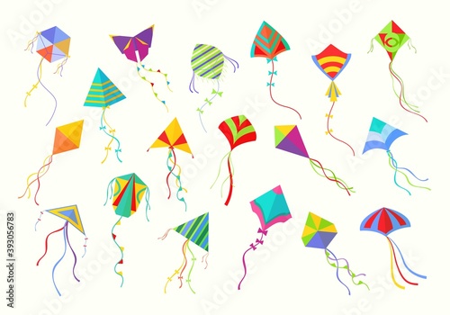 Flying kites set. Beautiful geometric shaped fixtures colored fun for launching into sky paper cardboard joys active childrens summer hobby with ribbons and bows in open air. Cartoon vector freedom.