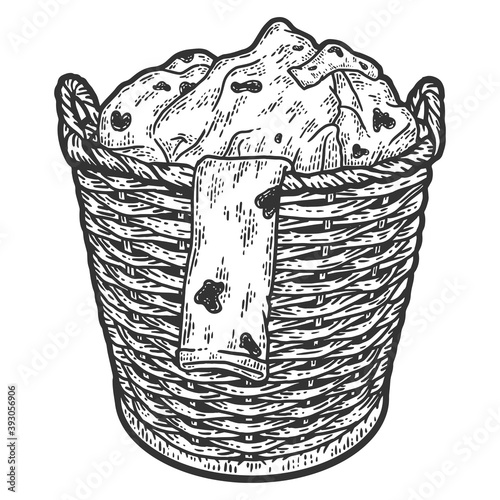 Basket of dirty laundry. Engraving vector illustration. Sketch scratch board imitation.