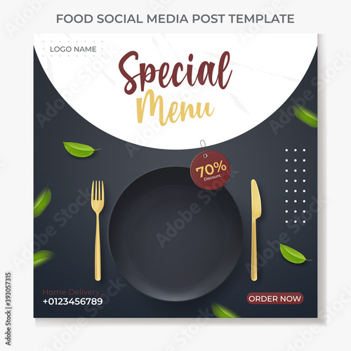 food social media post template. illustration vector with realistic white plate