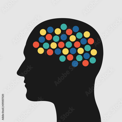 Brain activity - colorful dots and points in the head as metaphor of creativity, hyperactive thinking, mental disorder and chaotic mind. Vector illustration.