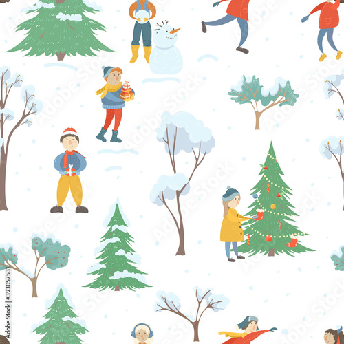Seamless pattern with winter village and winter fun entertainments