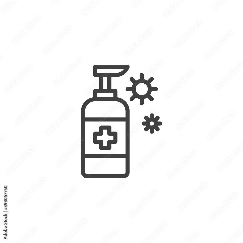Medical sanitizer bottle line icon. linear style sign for mobile concept and web design. Coronavirus disinfectant sanitizer gel outline vector icon. Symbol, logo illustration. Vector graphics Medical sanitizer bottle line icon. linear style sign for mobile concept and web design. Coronavirus disinfectant sanitizer gel outline vector icon. Symbol, logo illustration. Vector graphics