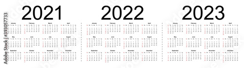 Simple editable vector calendars for year 2021 2022 2023. Week starts from Sunday. Isolated vector illustration on white background.