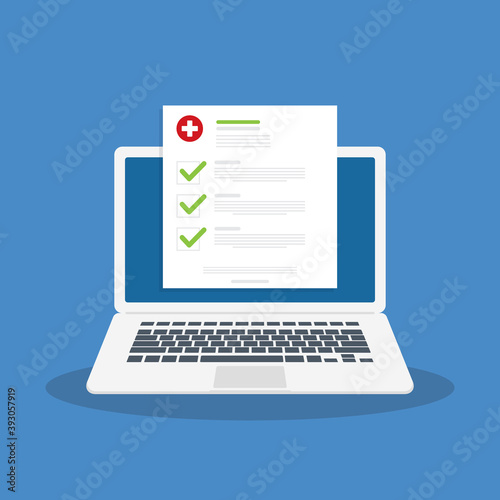 Medical prescription online or digital medicine test results with approved check mark form on laptop , computer with clinic checklist, flat cartoon modern vector illustration.