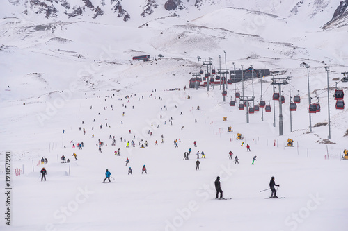 People skiing in Erciyes ski resort. Snowy Mount Erciyes