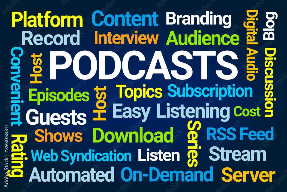 Podcasts Word Cloud on Blue Background Podcasts Word Cloud on Blue Background