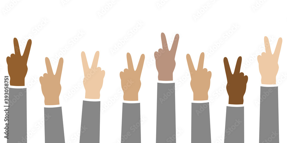raised hands in different skin colors peace concept isolated on white vector illustration EPS10