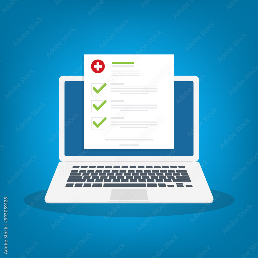Medical prescription online or digital medicine test results with approved check mark form on laptop , computer with clinic checklist, flat cartoon modern illustration. Medical prescription online or digital medicine test results with approved check mark form on laptop , computer with clinic checklist, flat cartoon modern illustration.