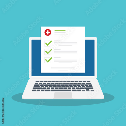 Medical prescription online or digital medicine test results with approved check mark form on laptop , computer with clinic checklist, flat cartoon modern illustration.