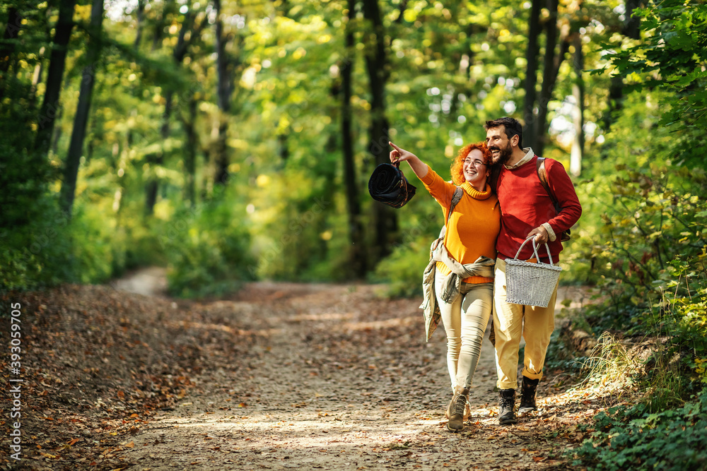 Obraz premium Young happy couple in love hugging and walking in nature. Couple is holding picnic equipment. Woman is pointing at something.