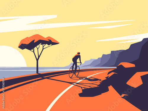 Vector illustration of a cyclist riding along the ocean mountain road