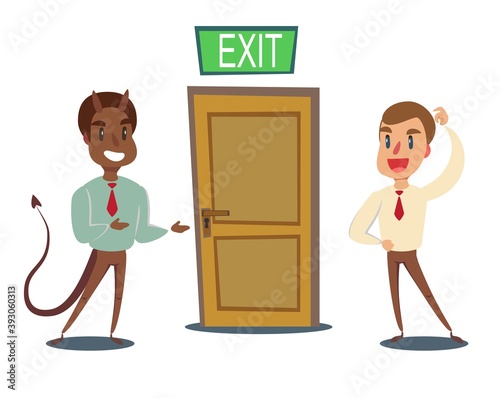 Evil devil businessman invite men to opened door. Stock flat vector illustration.