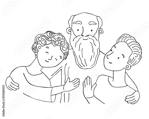 Biblical vector black and white illustration with a father and his two sons. A loving father is numb. Old man. The parable of the prodigal son. Hand drawn line drawing for kids Bible Sunday school.