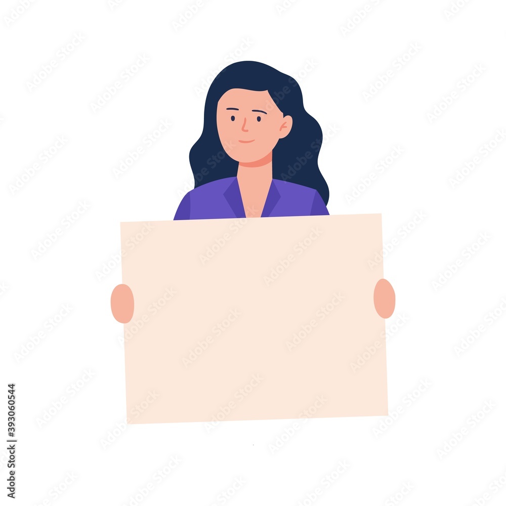 A young woman holding a blank poster. Cartoon character showing a blank banner. Vector flat illustration. A young woman holding a blank poster. Cartoon character showing a blank banner. Vector flat illustration.