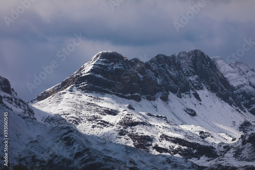 Snowy mountains landscape in the Aragonese Pyrenees. Aguas Tuertas valley, Hecho and Anso, Huesca, Spain.