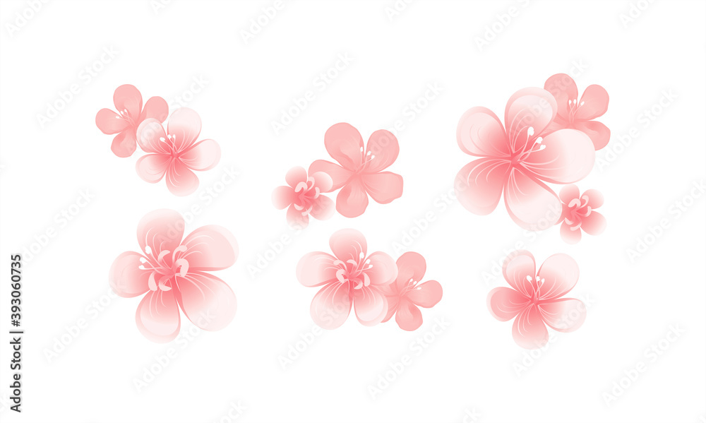 Flying pink peach flowers isolated on white background. Apple-tree flowers. Cherry blossom. Border. Horizontal. Vector Flying pink peach flowers isolated on white background. Apple-tree flowers. Cherry blossom. Border. Horizontal. Vector