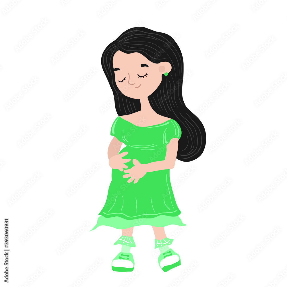 Pregnant girl with black dark hair. Cute isolated illustration with happy expectant mom. Motherhood. Cartoon vector character in a kind childish style, hand-drawn. Mom in a green dress. Pregnant girl with black dark hair. Cute isolated illustration with happy expectant mom. Motherhood. Cartoon vector character in a kind childish style, hand-drawn. Mom in a green dress.