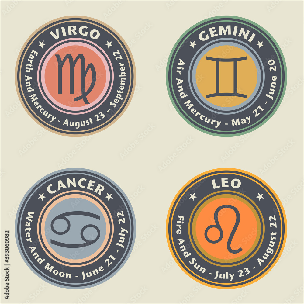 Zodiac signs. Virgo, GEmini. Cancer and Leo