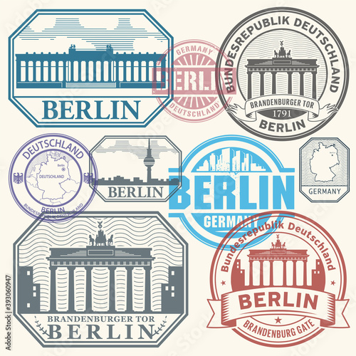 Stamps set with Brandenburg gate and the words Berlin, Republic of Germany