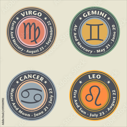 Zodiac signs. Virgo, GEmini. Cancer and Leo