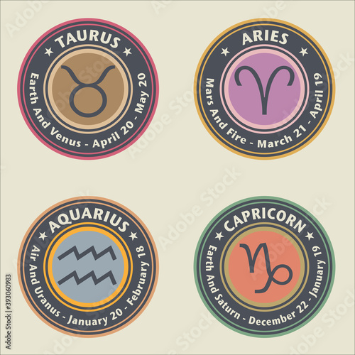 Zodiac signs. Taurus, Capricorn. Aries and Aquarius
