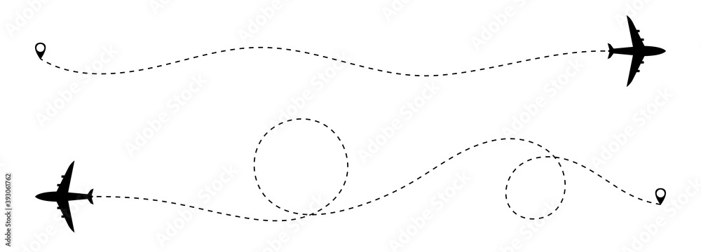 Aircraft flight path from point A to point B. Airplane path. Isolated flat icon symbol. Vector illustration. Aircraft flight path from point A to point B. Airplane path. Isolated flat icon symbol. Vector illustration.