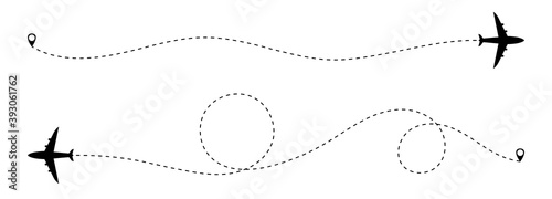 Aircraft flight path from point A to point B. Airplane path. Isolated flat icon symbol. Vector illustration.