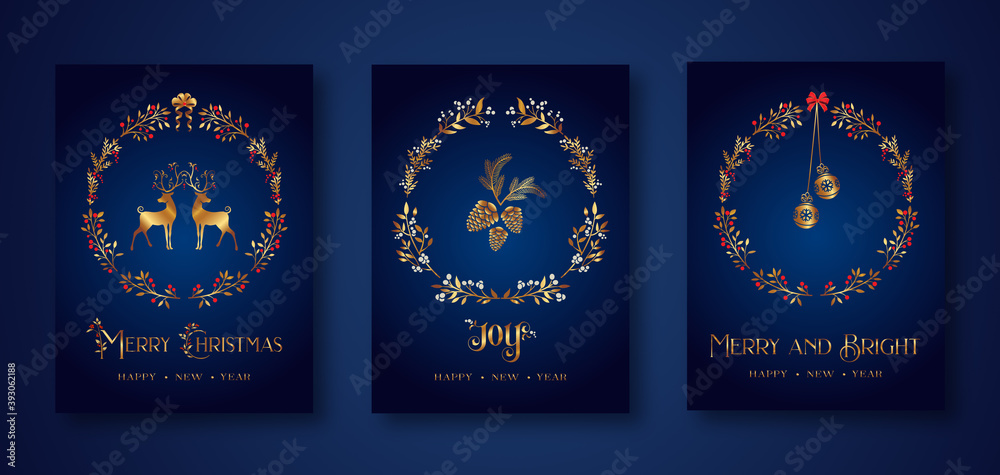 Merry Christmas luxury greeting cards set. Christmas holiday invitations templates collection with hand drawn lettering and gold Christmas decorations. Vector illustration.