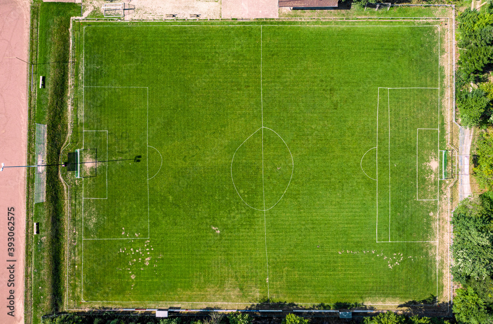 funny aerial view of soccer field - obrazy, fototapety, plakaty 