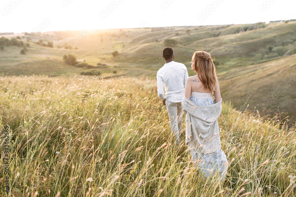 Back view of multiracial pregnant couple enjoying time together outdoors, an african american guy and his wife walking through summer meadow on sunset Back view of multiracial pregnant couple enjoying time together outdoors, an african american guy and his wife walking through summer meadow on sunset