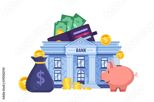Financial or personal budget vector concept with bank building, wallet, piggy bank, coins, dollar bills. Capital investment or money saving cartoon illustration.Financial clipart with blue bank facade