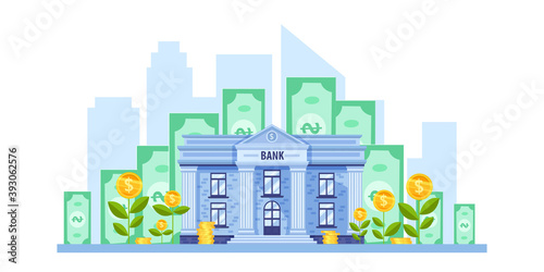 Bank building facade financial vector concept with dollar bills, growing plants, coins. Capital investment or money saving business clipart with city outline. Financial flat illustration with bank