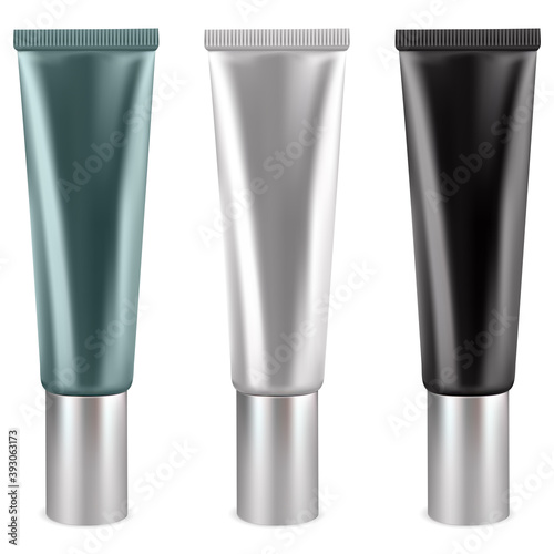 Cosmetic tube. Vector crem tubes in white, black, green color. Plastic gel package silver cap. Face skin care lotion container template. Realistic beauty makeup product. Hand ointment glossy packaging
