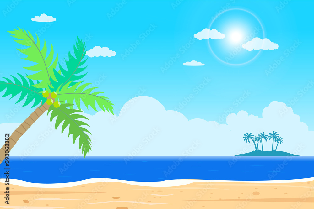 Tropical Beach island vector .Islands shore with palm tree.Beautiful seascape  with sunshine.Summer season holiday.Beautiful paradise island with beach and sea