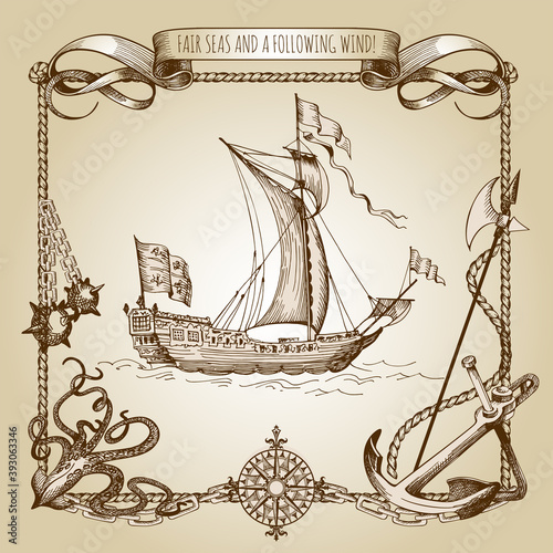 Adventure stories. Pirate background. Vintage border frame. Old caravel, vintage sailboat. Octopus, daggers, anchor, anchor chains