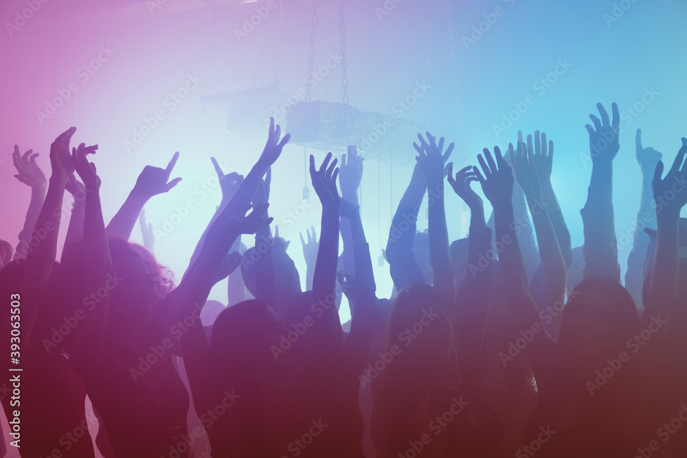 Photo of meeting crazy dance carefree party enjoy raise hands wear trendy outfit modern club indoors