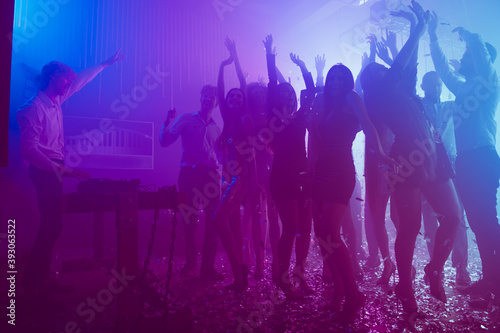 Photo of many girl people meeting crazy dance carefree party enjoy wear trendy outfit modern club indoors