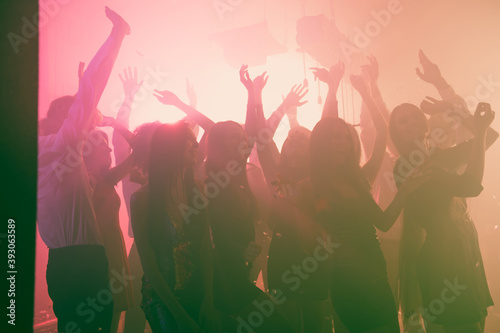 Photo of many lady people gathering funny dance floor event rejoice wear trendy stylish outfit modern club indoors