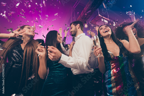 Photo of people group dance rejoice guy flirt with lady wear trendy stylish outfit modern club indoors